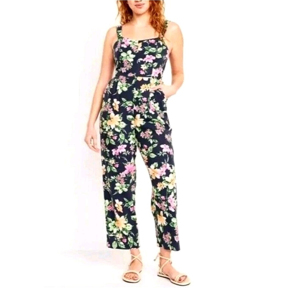 Old Navy Women's Lโ Smocked Cami Jumpsuit Navy Floral Linen Blend Adjustable